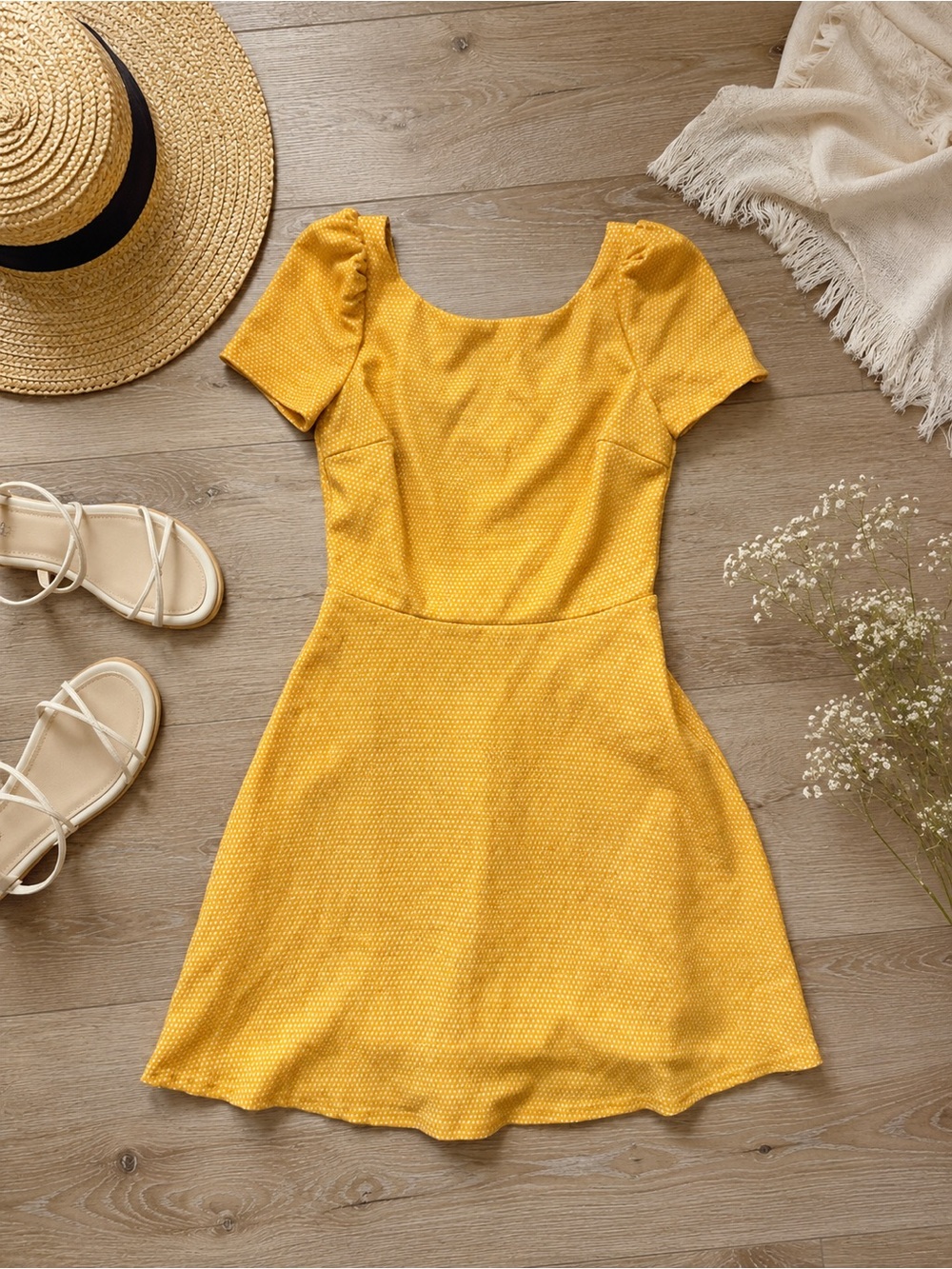 Ark & Co Yellow Polka Dot Puff Sleeve Dress Size Small